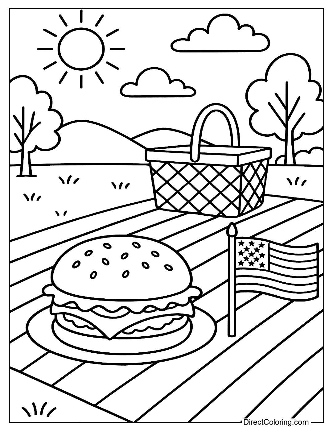 An outdoor Independence Day picnic coloring page with burgers, an American flag, and a red and white striped scarf